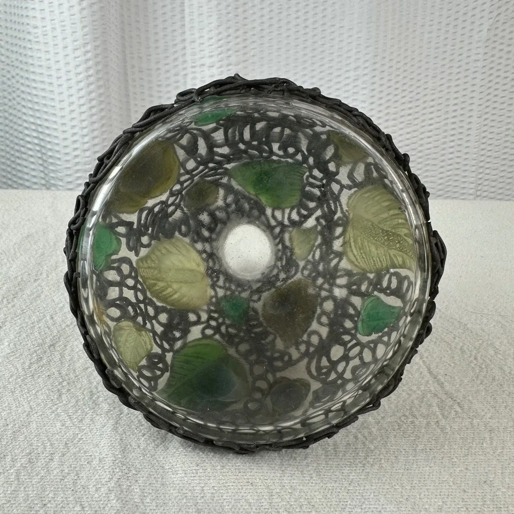 Vintage Art Glass Vase Metal Filigree‎ Overlay Leaf Design Studio Decor